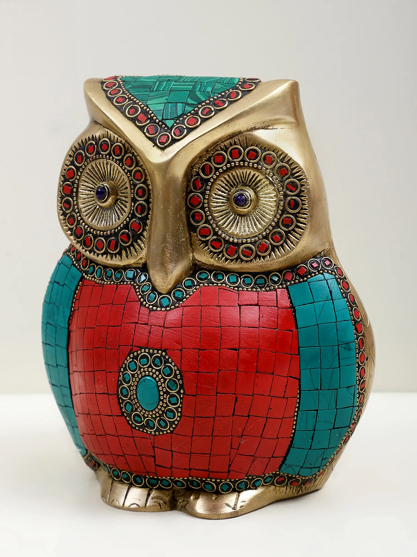 Brassaura® Decorative Brass Owl with Inlay Work | Pure Brass | Height 7 Inches & Weight 3.30 kgs