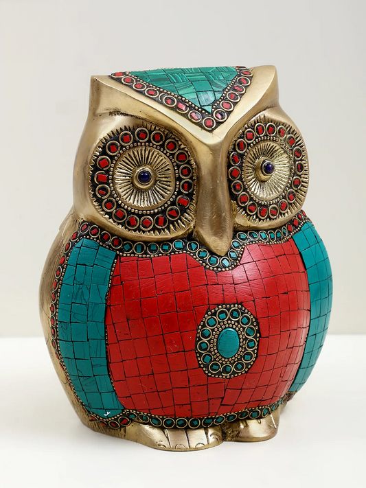 Brassaura® Decorative Brass Owl with Inlay Work | Pure Brass | Height 7 Inches & Weight 3.30 kgs