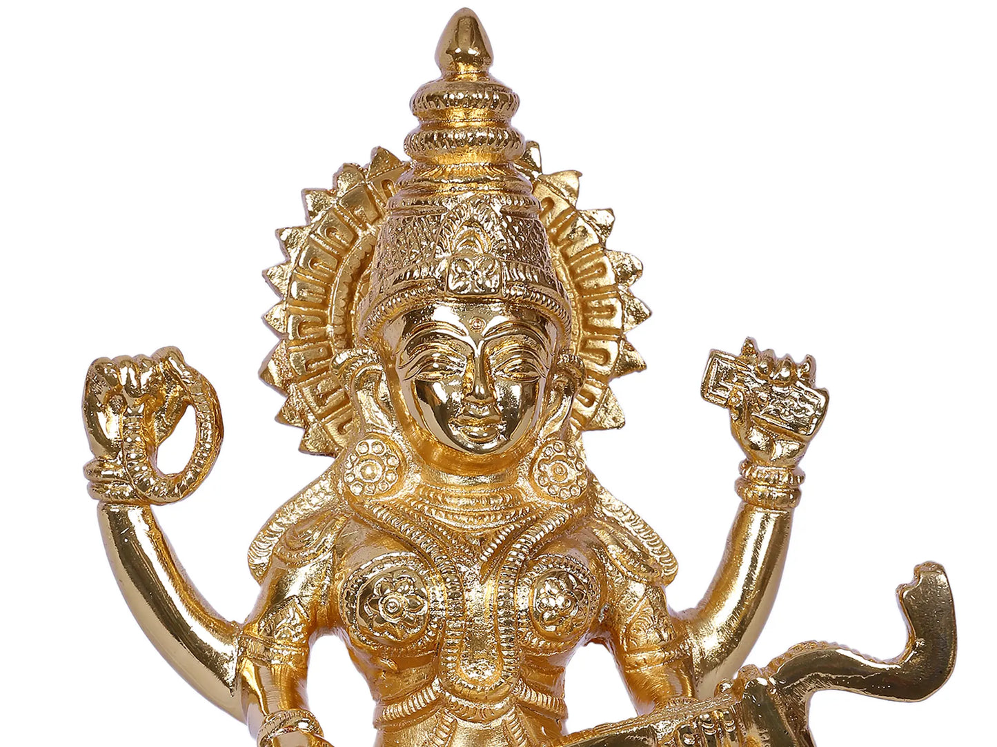 Brassaura® Gold Plated Goddess Saraswati Idol | Intricately Detailed Brass Sculpture | Height 7.5 Inches & Weight 1.85 kgs
