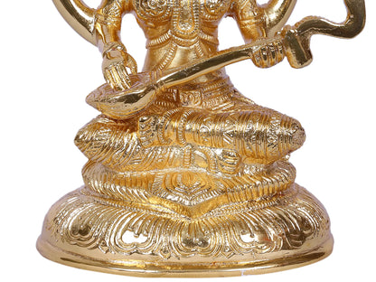 Brassaura® Gold Plated Goddess Saraswati Idol | Intricately Detailed Brass Sculpture | Height 7.5 Inches & Weight 1.85 kgs
