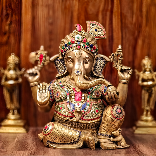 Brassaura™ Brass Lord Ganesha Idol with Turban | Handcrafted with Stonework & Brass Accents | Height 21 Inches & Weight 29.5 Kgs