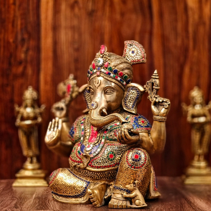 Brassaura™ Brass Lord Ganesha Idol with Turban | Handcrafted with Stonework & Brass Accents | Height 21 Inches & Weight 29.5 Kgs
