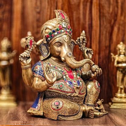 Brassaura™ Brass Lord Ganesha Idol with Turban | Handcrafted with Stonework & Brass Accents | Height 21 Inches & Weight 29.5 Kgs