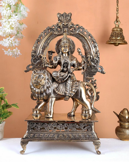 Brassaura® Premium Brass Goddess Durga Sitting on Lion Statue | Handcrafted Sherawali Maa Idol with Ornate Prabhavali Arch | Home Temple & Spiritual Décor | Height 26.5 Inches | Weight 25 Kgs