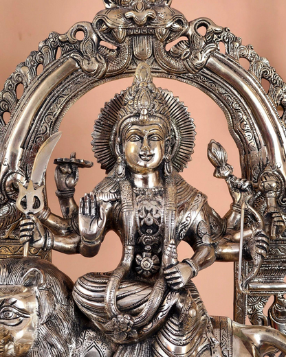 Brassaura® Premium Brass Goddess Durga Sitting on Lion Statue | Handcrafted Sherawali Maa Idol with Ornate Prabhavali Arch | Home Temple & Spiritual Décor | Height 26.5 Inches | Weight 25 Kgs
