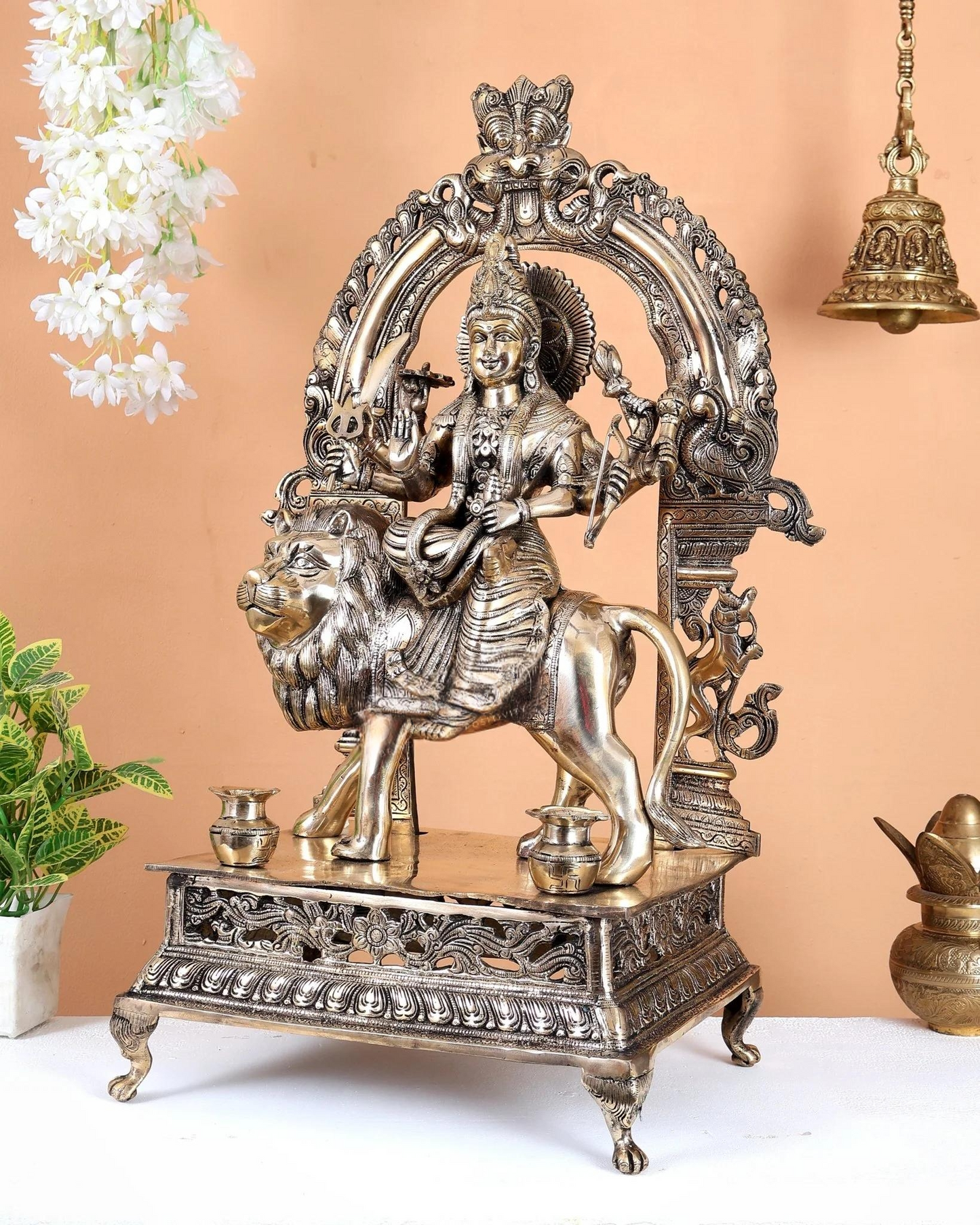 Brassaura® Premium Brass Goddess Durga Sitting on Lion Statue | Handcrafted Sherawali Maa Idol with Ornate Prabhavali Arch | Home Temple & Spiritual Décor | Height 26.5 Inches | Weight 25 Kgs