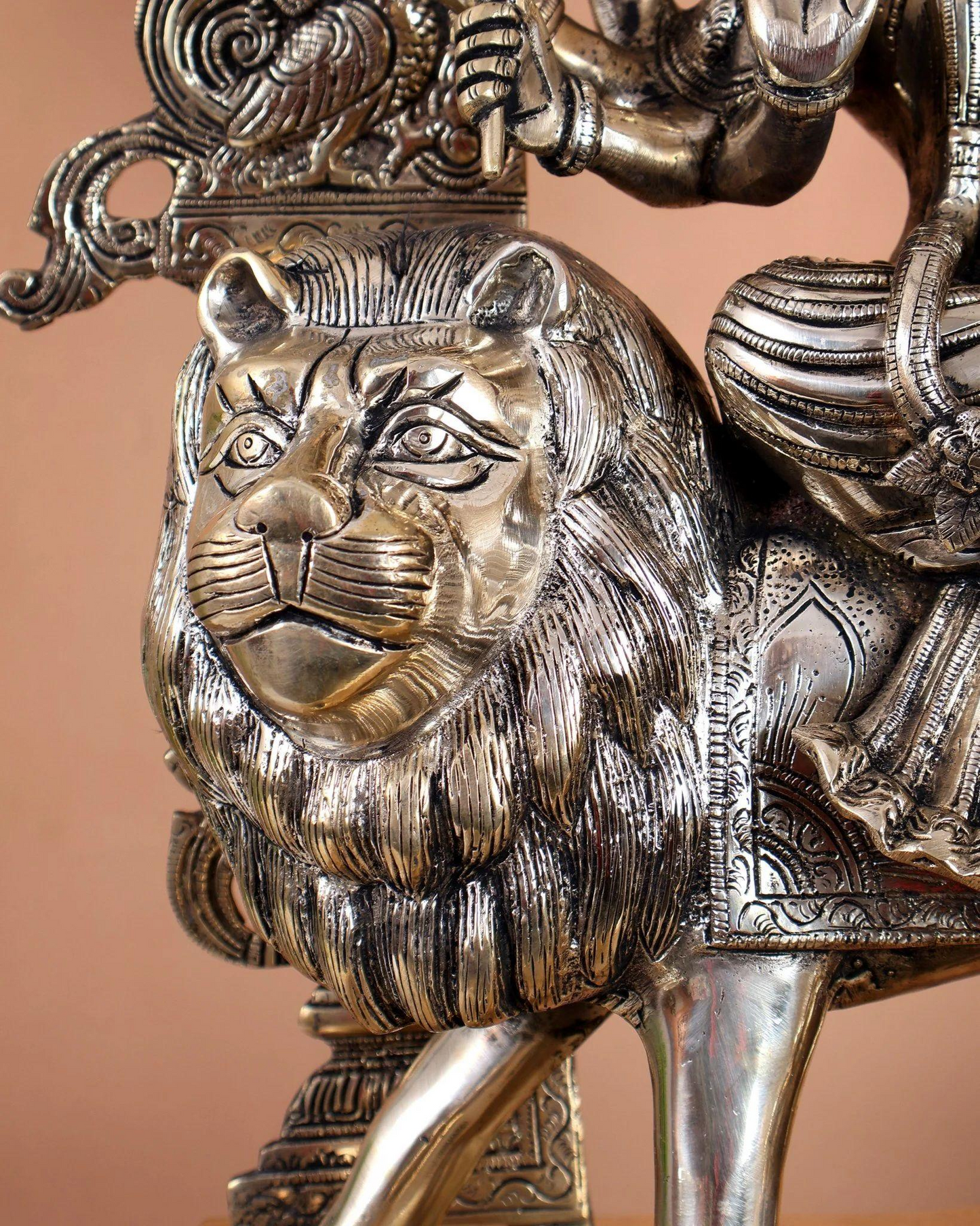 Brassaura® Premium Brass Goddess Durga Sitting on Lion Statue | Handcrafted Sherawali Maa Idol with Ornate Prabhavali Arch | Home Temple & Spiritual Décor | Height 26.5 Inches | Weight 25 Kgs
