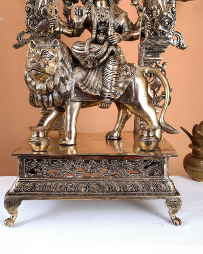 Brassaura® Premium Brass Goddess Durga Sitting on Lion Statue | Handcrafted Sherawali Maa Idol with Ornate Prabhavali Arch | Home Temple & Spiritual Décor | Height 26.5 Inches | Weight 25 Kgs