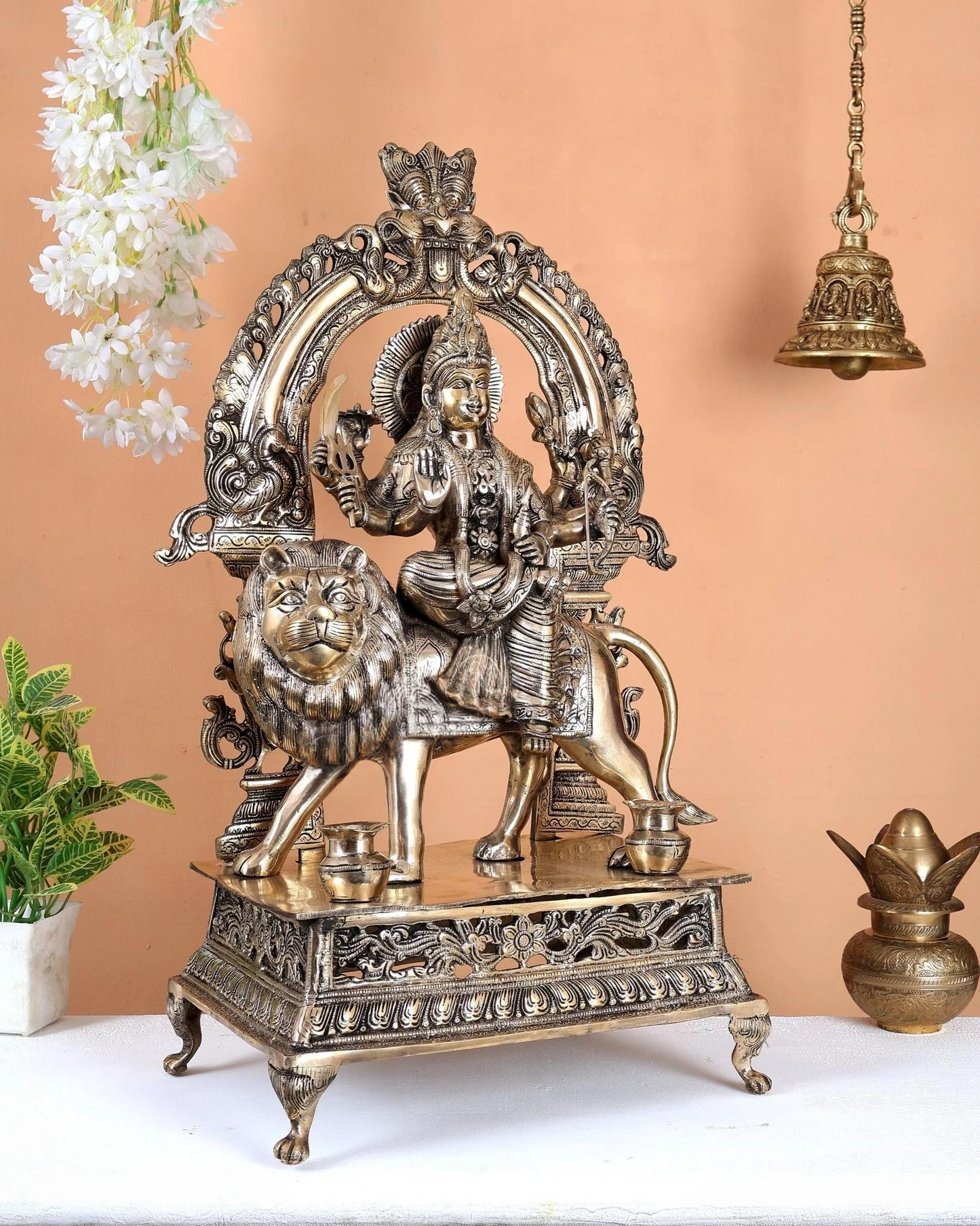 Brassaura® Premium Brass Goddess Durga Sitting on Lion Statue | Handcrafted Sherawali Maa Idol with Ornate Prabhavali Arch | Home Temple & Spiritual Décor | Height 26.5 Inches | Weight 25 Kgs