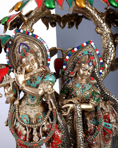 ब्रासोरा® वृंदावन वेणुगोपाल कृष्ण पीतल की प्रतिमा मोर के साथ | एंटीक नीला और सुनहरा रंग | ऊँचाई 20 इंच