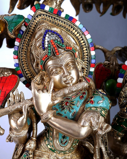 ब्रासोरा® वृंदावन वेणुगोपाल कृष्ण पीतल की प्रतिमा मोर के साथ | एंटीक नीला और सुनहरा रंग | ऊँचाई 20 इंच