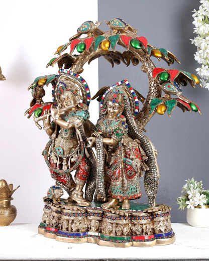 ब्रासोरा® वृंदावन वेणुगोपाल कृष्ण पीतल की प्रतिमा मोर के साथ | एंटीक नीला और सुनहरा रंग | ऊँचाई 20 इंच