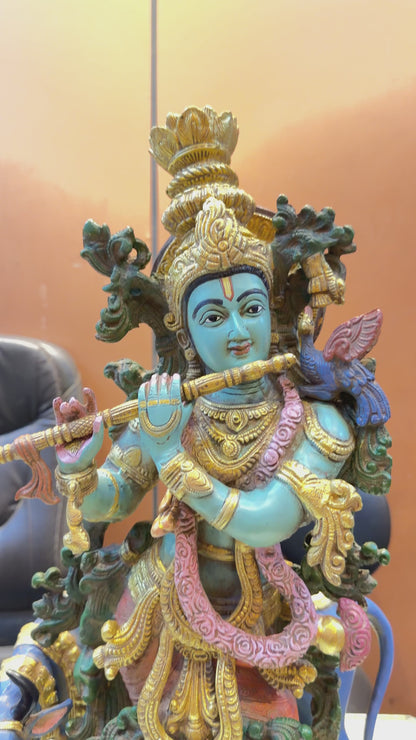 Brassaura™ Cow Krishna Brass Idol | Multicolor Finish | Height 23 Inches & Weight 23 Kgs