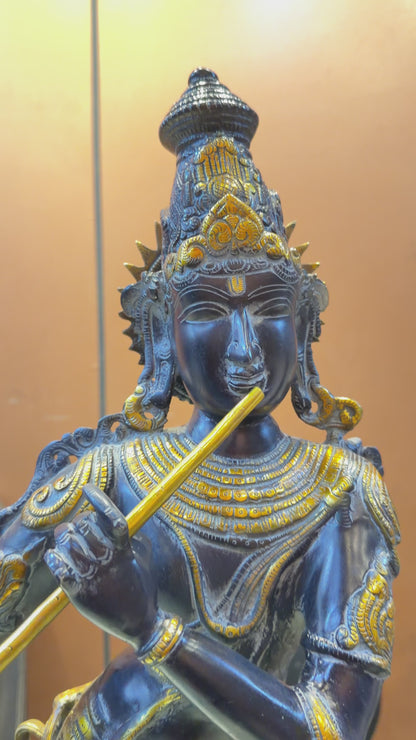 Brassaura™ Lord Krishna Brass Statue | Antique Black Stone Finish | Height 35 Inches & Weight 19 Kgs