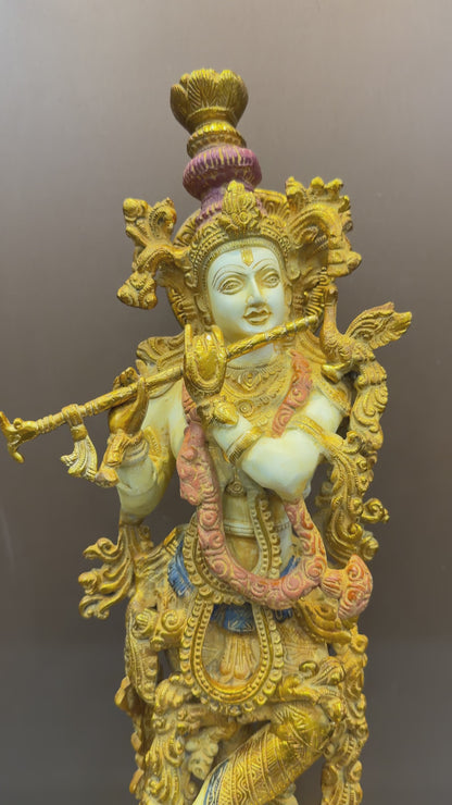ब्रासोरा® वृंदावन वेणुगोपाल कृष्ण पीतल की प्रतिमा मोर के साथ | एंटीक नीला और सुनहरा रंग | ऊँचाई 20 इंच