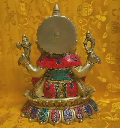 Brassaura™ Brass Lord Ganesha on Lotus Idol with Meenakari – Height 11 Inches, Weight 7 Kgs