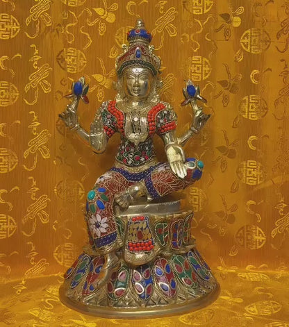 Brassaura™ Devotional Brass Gem Stone Work Laxmi Idol – Height 14.5 Inches & Weight 8.14 Kgs | Spiritual Home Idol