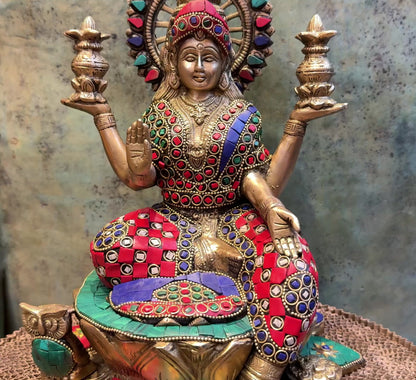 Brassaura™ Artistic Brass Gem Stone Work Laxmi Idol – Height 11 Inches & Weight 6.25 Kgs | Spiritual Goddess Statue