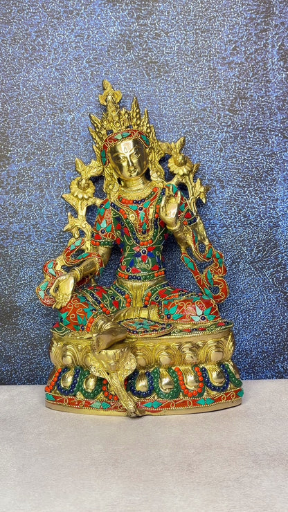 Brass Gem Stone Work Tara Weight 4.8 Kg & Height 14 Inch