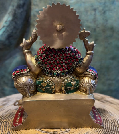 Brassaura™ Handcrafted Brass Ganesha Idol with Meenakari Stonework – 10 Inch Height | 5 kg | Artistic Spiritual Décor