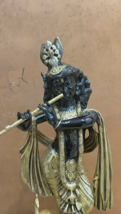 Brassaura® Superfine Black Lord Krishna Brass Idol | Pure Brass Handcrafted Krishna Murti with Serene Smiling Face | Black & Gold Finish | Home Temple, Pooja Room, Living Room Décor & Luxury Gifting | Height 27 Inches | Weight 20 Kg