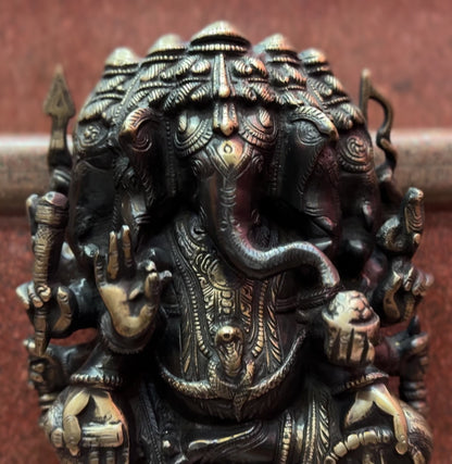 Brassaura™ Pure Brass Panchmukhi Ganesha Statue – Black & Gold Finish | Height 11 Inches, Weight 7.2 Kgs