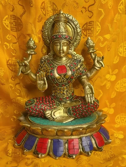 Brassaura™ Devotional Brass Gem Stone Work Laxmi Idol – Height 11 Inches & Weight 7 Kgs | Spiritual Home Idol