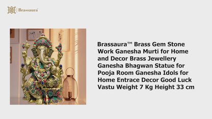 Brassaura™ Brass Gem Stone Work Ganesha Murti for Home and Decor Brass Jewellery Ganesha Bhagwan Statue for Pooja Room Ganesha Idols for Home Entrace Decor Good Luck Vastu Weight 7 Kg Height 33 cm