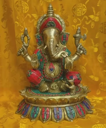 Brassaura™ Brass Lord Ganesha on Lotus Idol with Meenakari – Height 11 Inches, Weight 7 Kgs