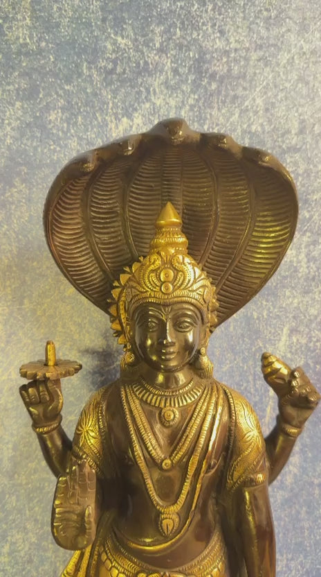 Brassaura® Handcrafted Pure Brass Lord Vishnu on Lotus Base with Sheshnaag | 17 Inch Height | Black Heat-Treated Finish