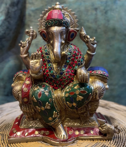 Brassaura™ Handcrafted Brass Ganesha Idol with Meenakari Stonework – 10 Inch Height | 5 kg | Artistic Spiritual Décor