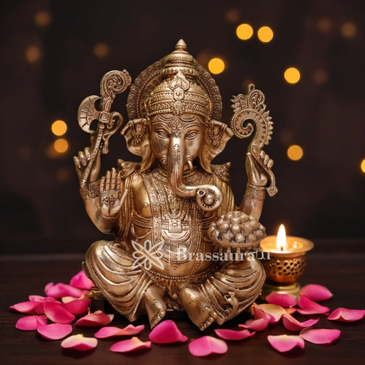 Brassaura™ Brass Ganesha Idol for Home and Decor | Weight 4.9 Kgs | Height 10 Inches