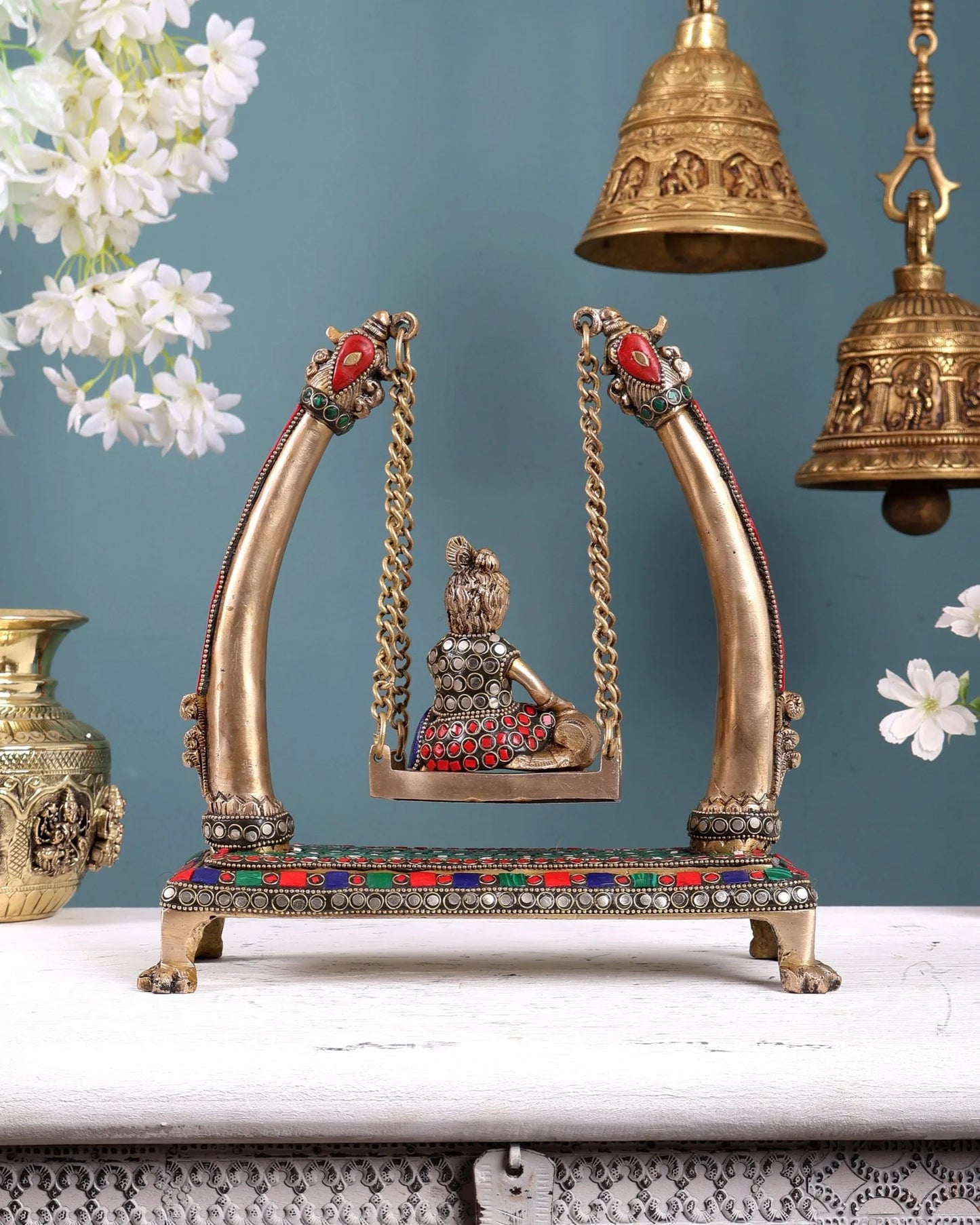 Brassaura® Brass Baby Krishna on Swing Statue | Height 10 Inches