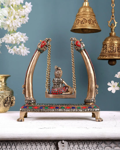Brassaura® Brass Baby Krishna on Swing Statue | Height 10 Inches