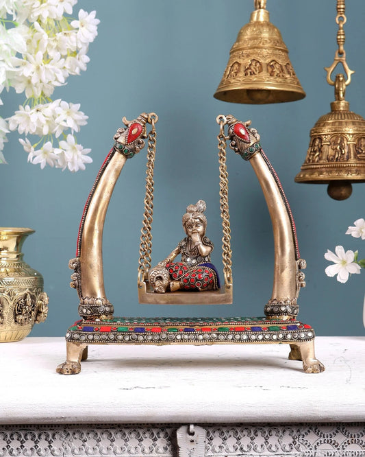 Brassaura® Brass Baby Krishna on Swing Statue | Height 10 Inches