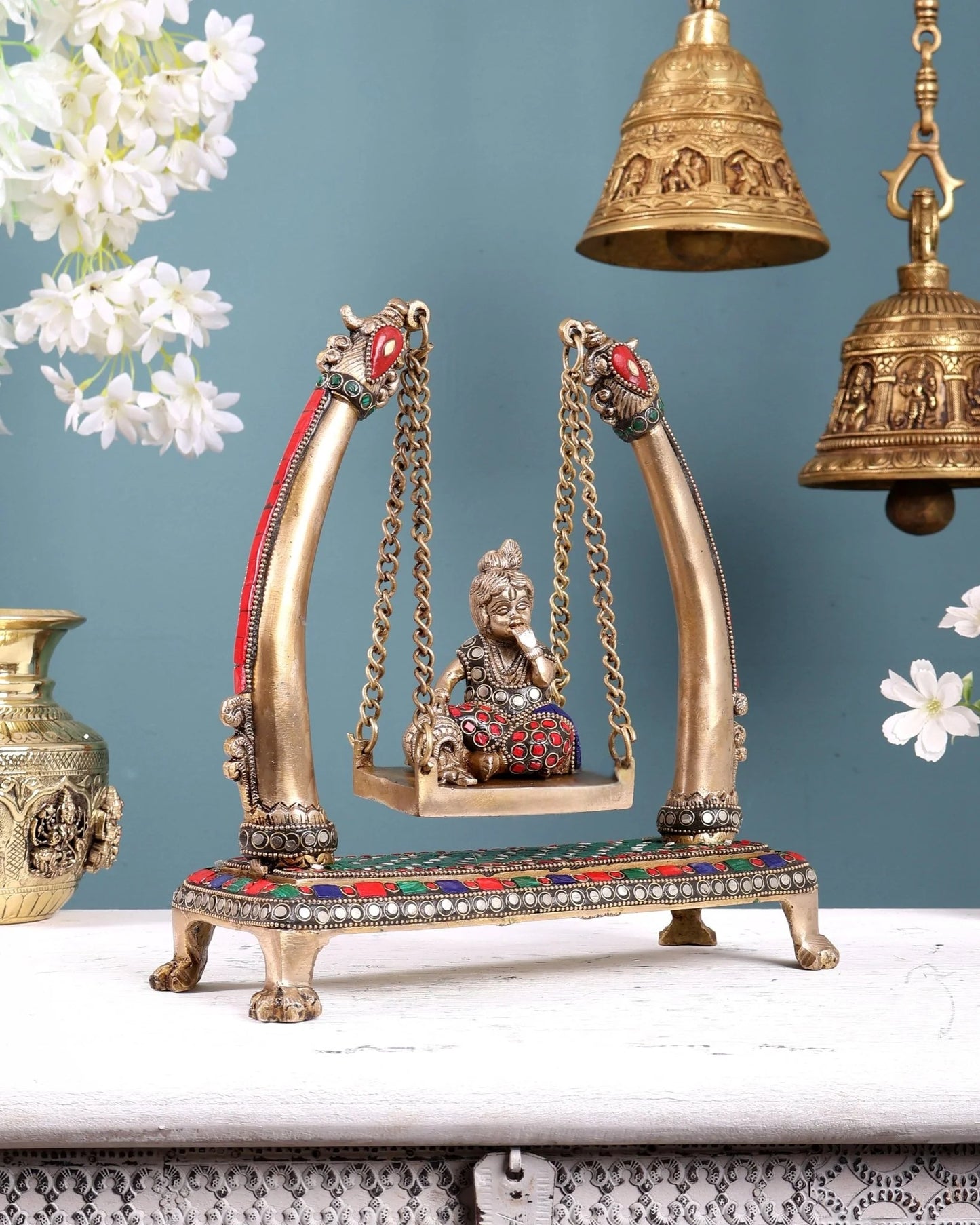 Brassaura® Brass Baby Krishna on Swing Statue | Height 10 Inches