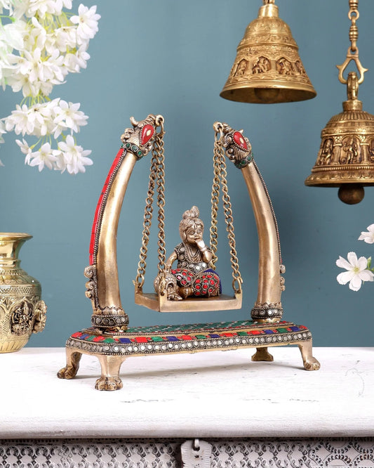 Brassaura® Brass Baby Krishna on Swing Statue | Height 10 Inches