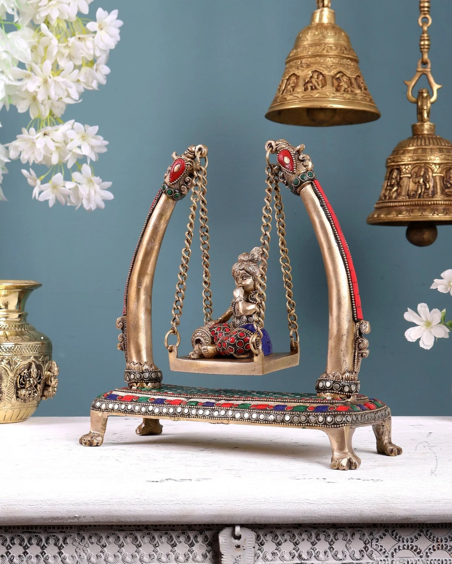 Brassaura® Brass Baby Krishna on Swing Statue | Height 10 Inches