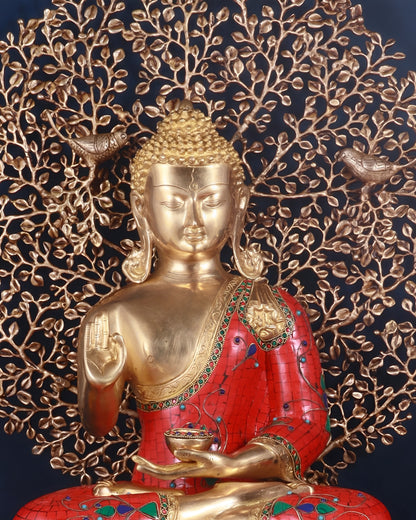 Brass Gem Stone Work Blessing Buddha Tree Statue Weight 31.98 kg & Height 24 Inch