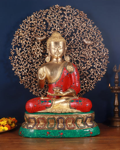 Brass Gem Stone Work Blessing Buddha Tree Statue Weight 31.98 kg & Height 24 Inch