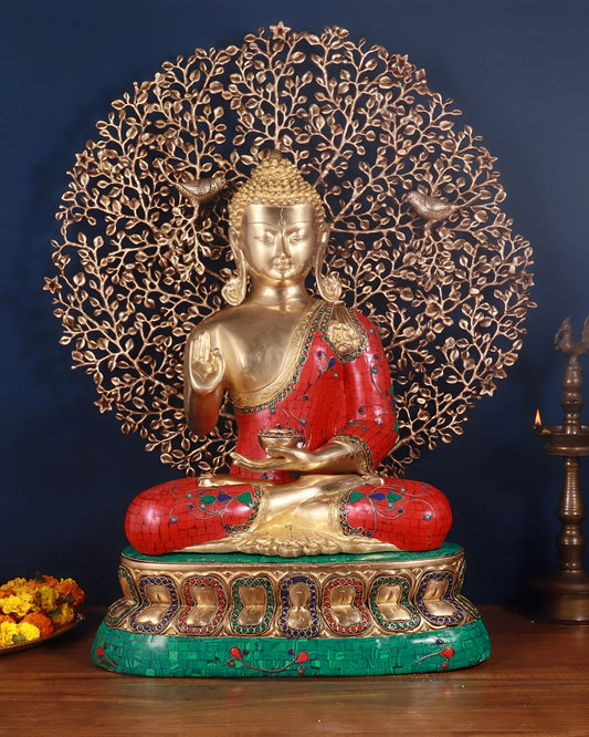 Brassaura® Gem Stone Work Blessing Buddha with Tree Idol for Home & Décor | Pure Superfine Brass Handcrafted Murti, Brass Statue for Home Temple, Pooja Room | Height 24 Inches | Weight 31.98 Kg