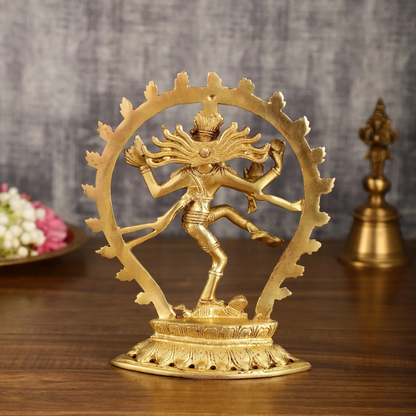 Brassaura™ Pure Brass Dancing Shiva Nataraja with Oval Arch | Handcrafted Spiritual Showpiece | Weight 1.2 Kgs | Height 9 Inches