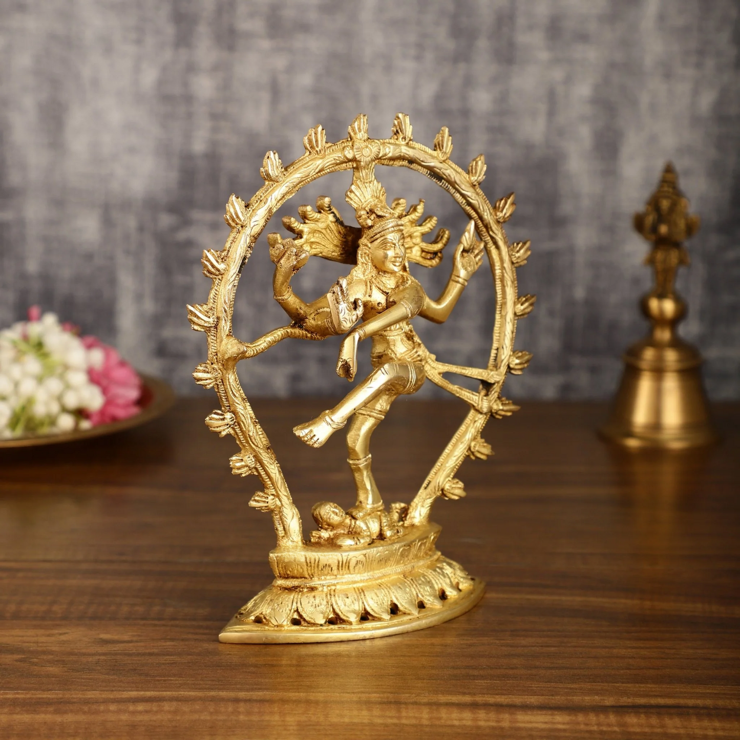 Brassaura™ Pure Brass Dancing Shiva Nataraja with Oval Arch | Handcrafted Spiritual Showpiece | Weight 1.2 Kgs | Height 9 Inches