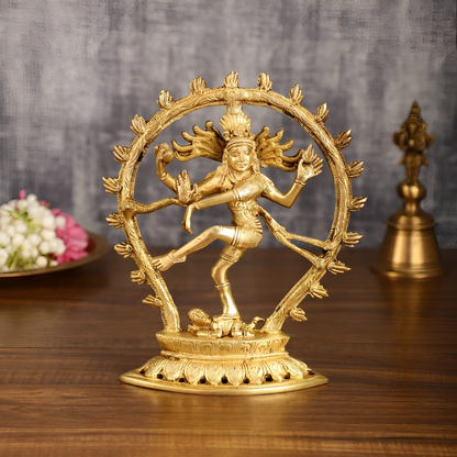 Brassaura™ Pure Brass Dancing Shiva Nataraja with Oval Arch | Handcrafted Spiritual Showpiece | Weight 1.2 Kgs | Height 9 Inches