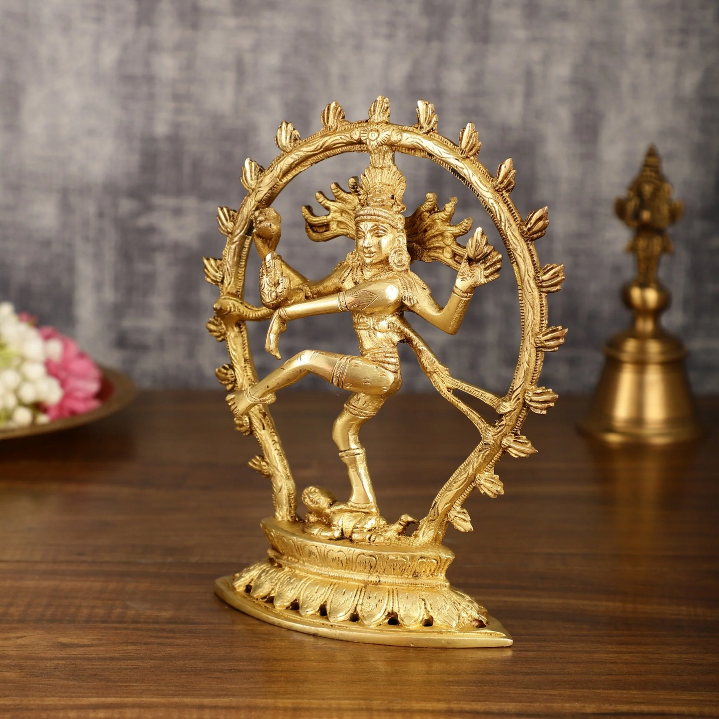 Brassaura™ Pure Brass Dancing Shiva Nataraja with Oval Arch | Handcrafted Spiritual Showpiece | Weight 1.2 Kgs | Height 9 Inches
