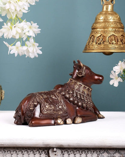 Brassaura® Brass Engraved Nandi Statue | Height 6 Inches