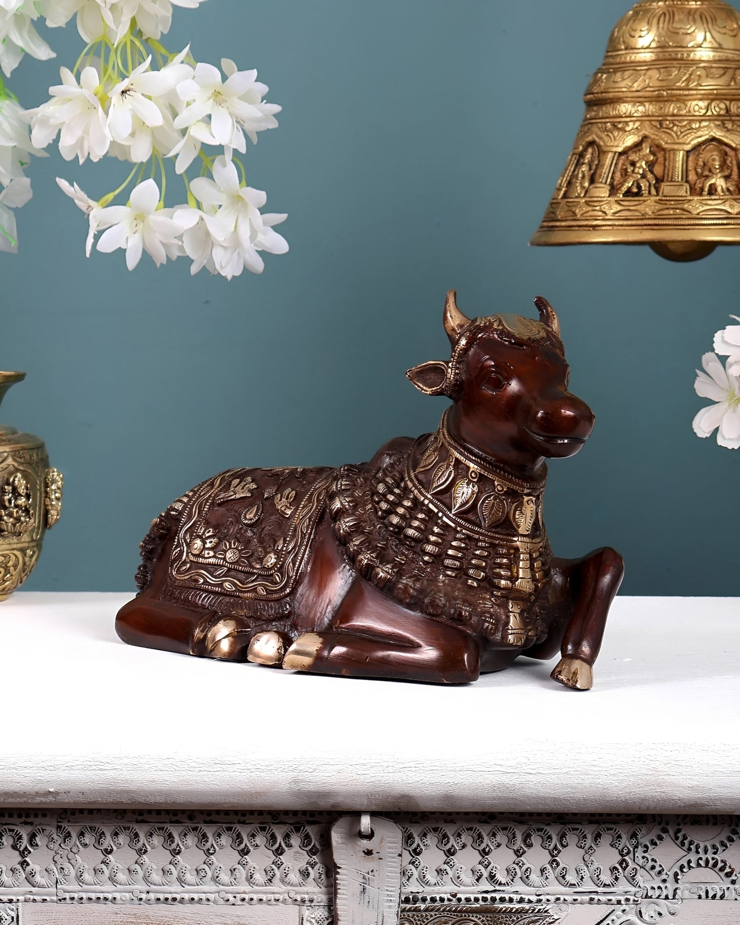 Brassaura® Brass Engraved Nandi Statue | Height 6 Inches