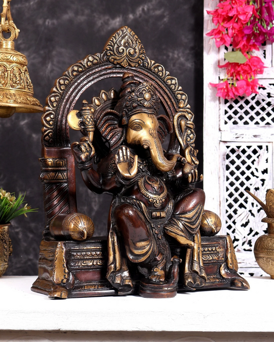 Brassaura® Lord Ganesha Seated on Throne Idol with Copper Tone Finish | Pure Superfine Brass Handcrafted Murti | Brass Statue for Home Temple, Pooja Room | Height 17 Inches | Weight 15 Kgs