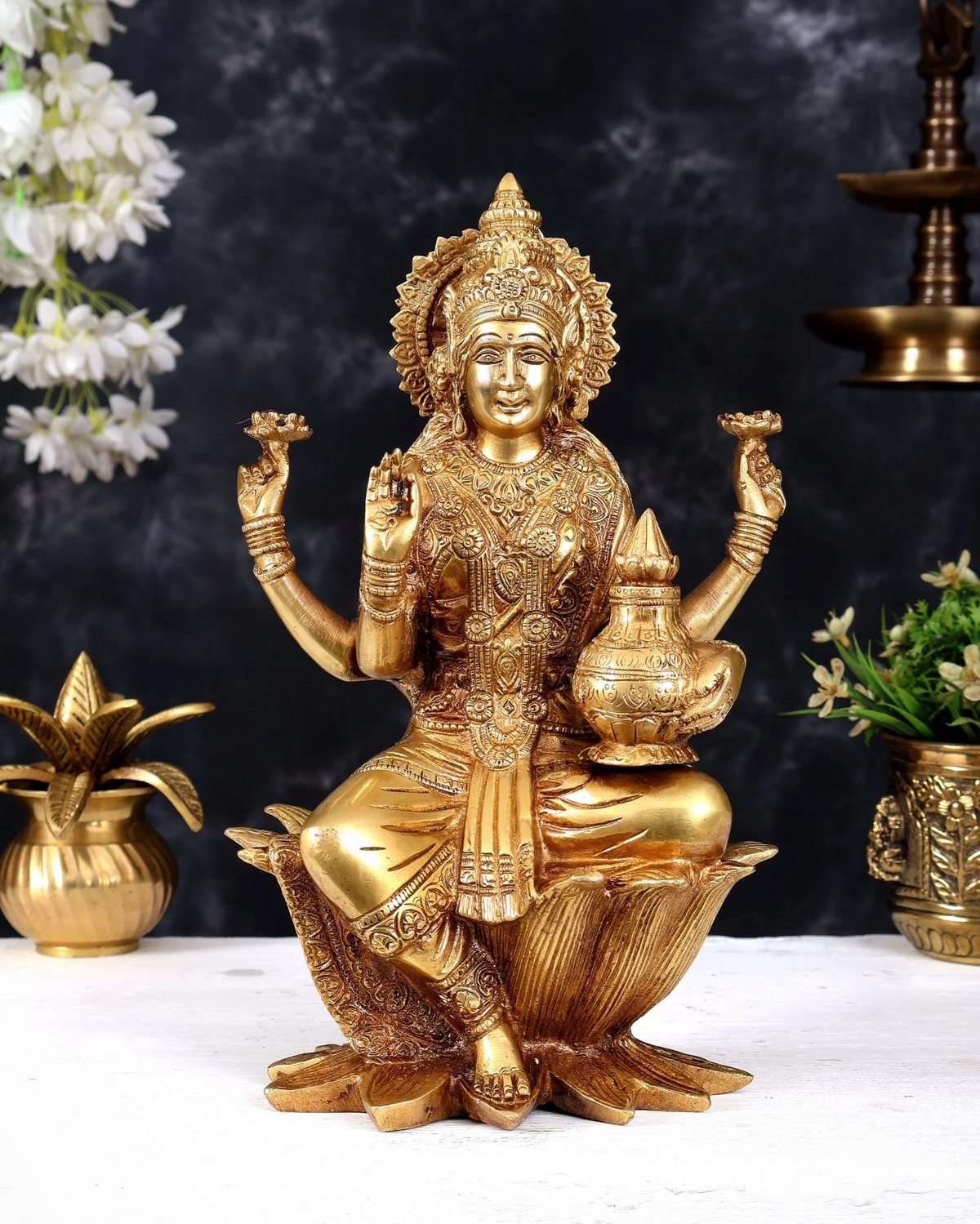 Brassaura® Dhan Lakshmi Seated on Lotus Idol with Golden Finish | Pure Superfine Brass Handcrafted Murti | Brass Statue for Home Temple, Pooja Room | Height 12 Inches | Weight 5.5 Kgs