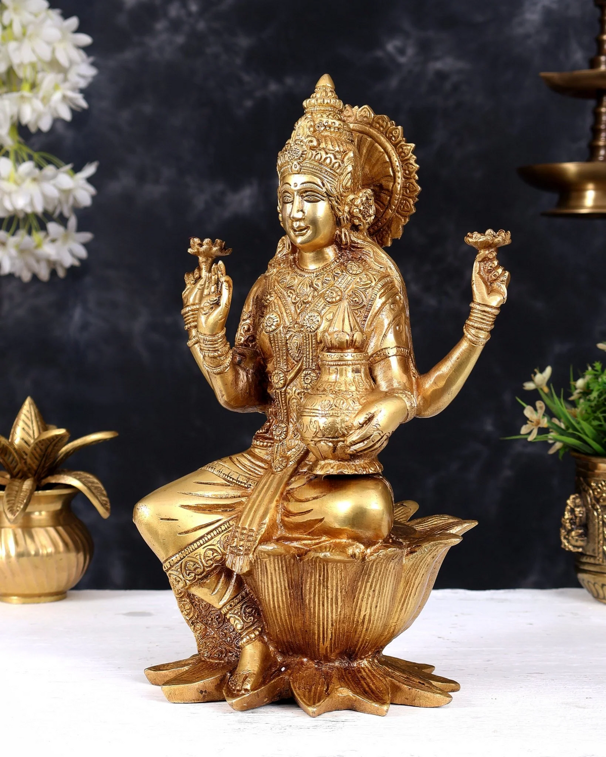 Brassaura® Dhan Lakshmi Seated on Lotus Idol with Golden Finish | Pure Superfine Brass Handcrafted Murti | Brass Statue for Home Temple, Pooja Room | Height 12 Inches | Weight 5.5 Kgs